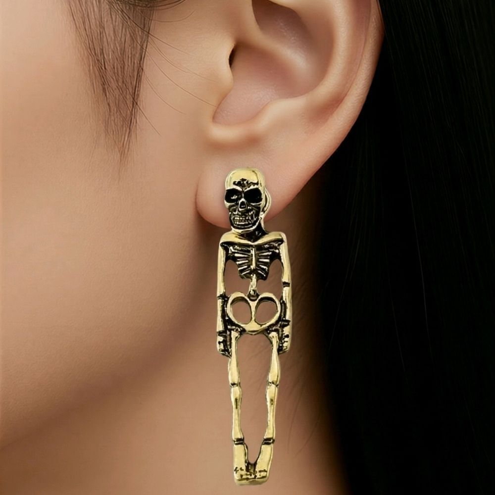 Gold Skeleton Ear Jacket Earrings Skull Gothic Halloween Dangle Spooky Statement